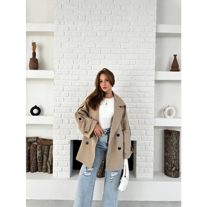 Parça Detaylı Oversize Trençkot Krem