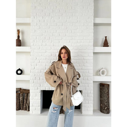 Parça Detaylı Oversize Trençkot Krem
