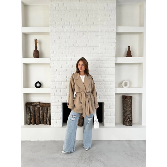 Parça Detaylı Oversize Trençkot Krem