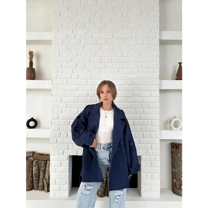 Parça Detaylı Oversize Trençkot Lacivert