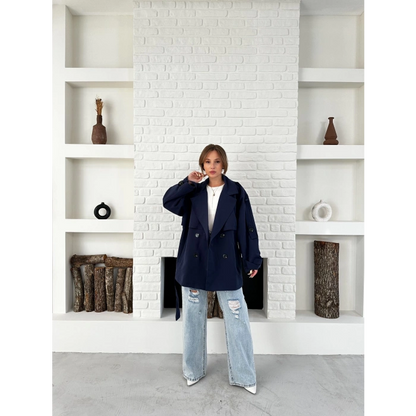 Parça Detaylı Oversize Trençkot Lacivert