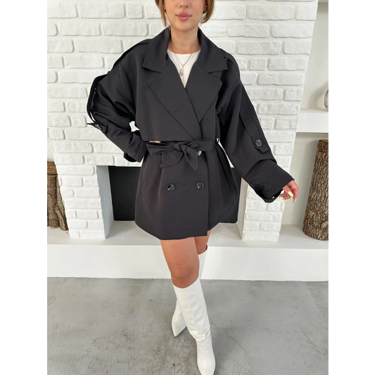 Parça Detaylı Oversize Trençkot Siyah