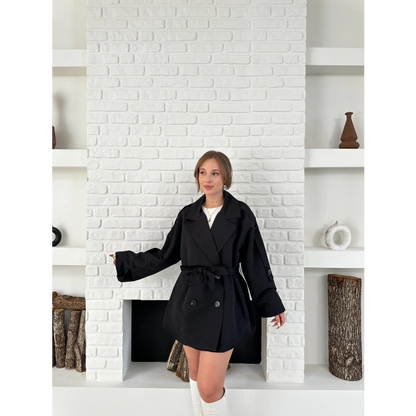 Parça Detaylı Oversize Trençkot Siyah