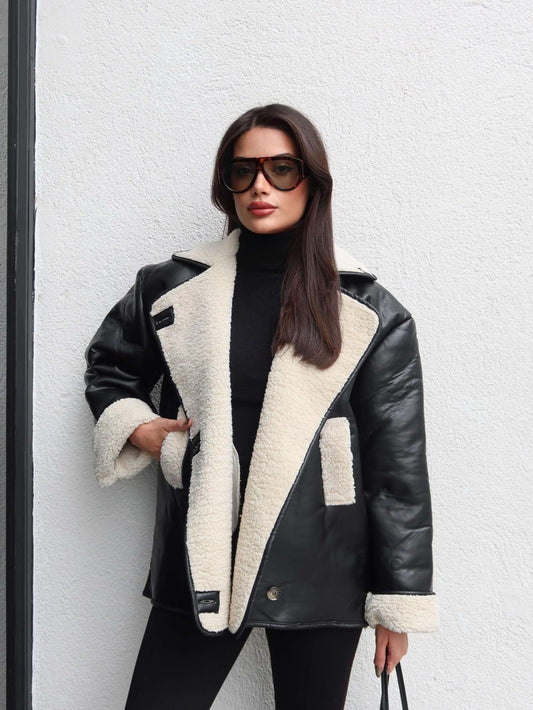 Peluş Detay Deri Ceket Siyah