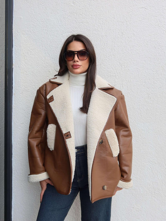 Peluş Detay Deri Ceket Taba