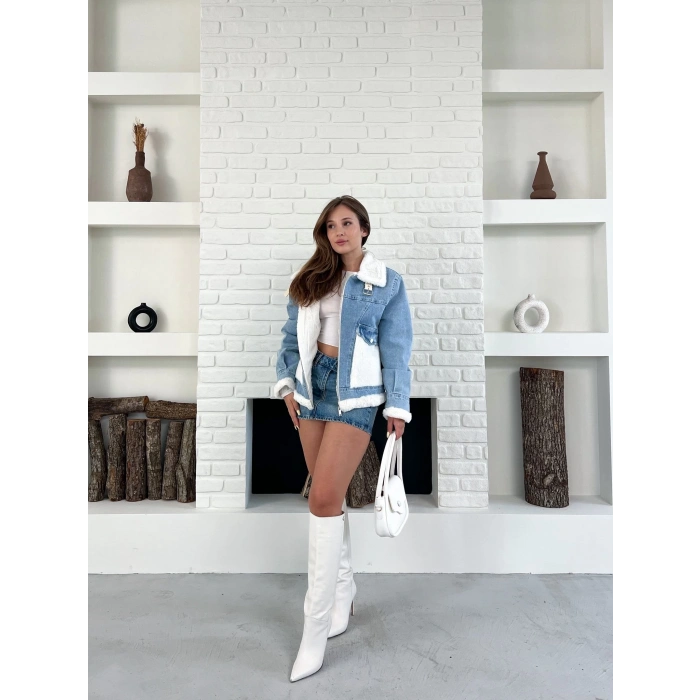 Peluş Detaylı Kot Ceket