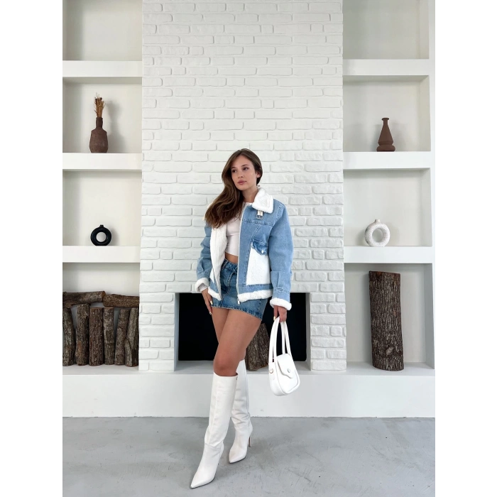 Peluş Detaylı Kot Ceket