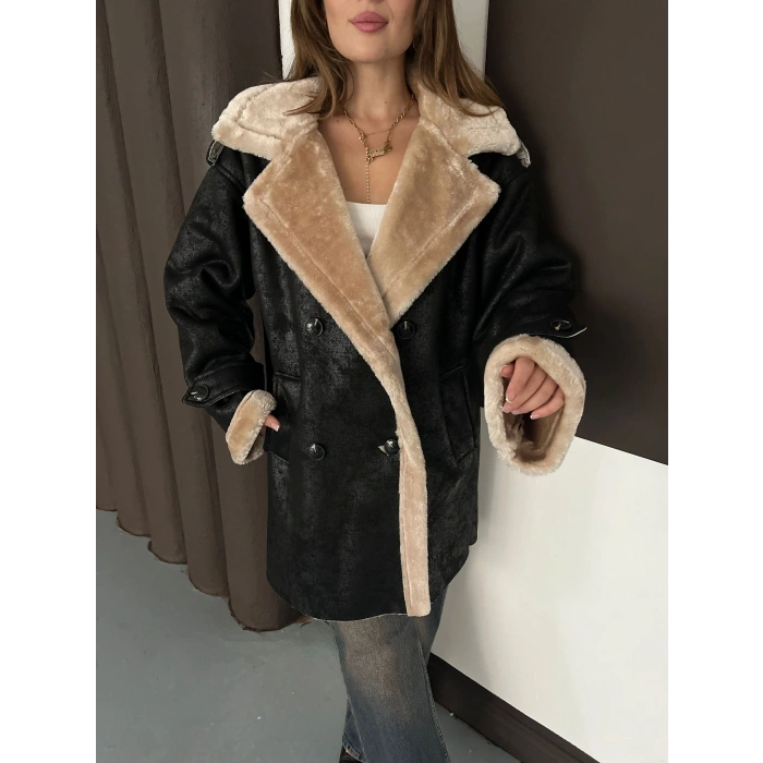 Peluş Detaylı Uzun Lamine Kaban Siyah Bej