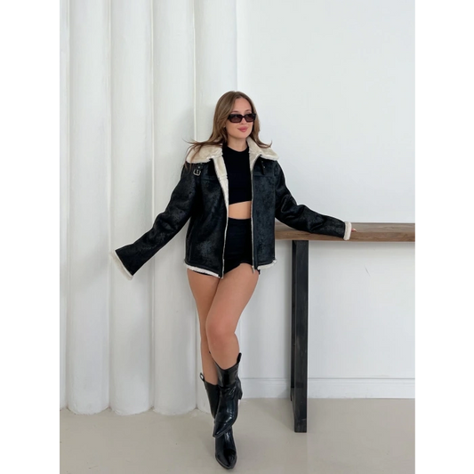 Peluşlu Yaka Kemer Detaylı Ceket Bej