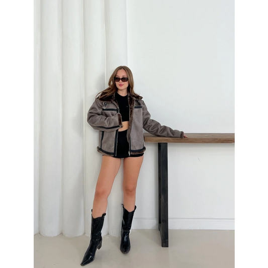 Peluşlu Yaka Kemer Detaylı Ceket Kahve