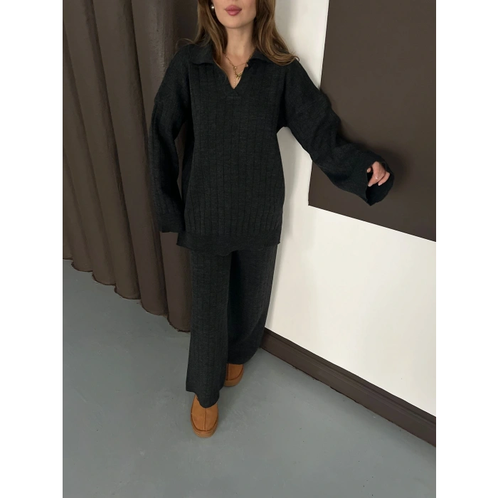 Polo Yaka Triko Pantolonlu Takım Siyah