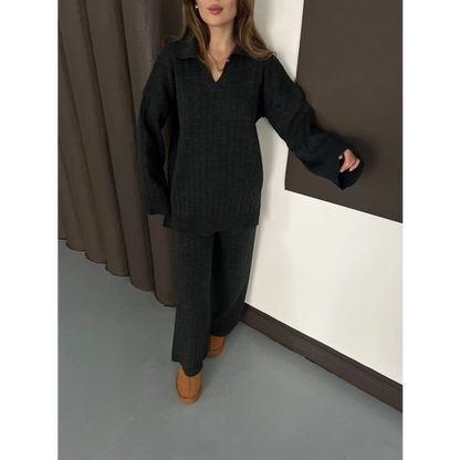 Polo Yaka Triko Pantolonlu Takım Siyah