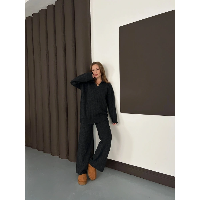 Polo Yaka Triko Pantolonlu Takım Siyah