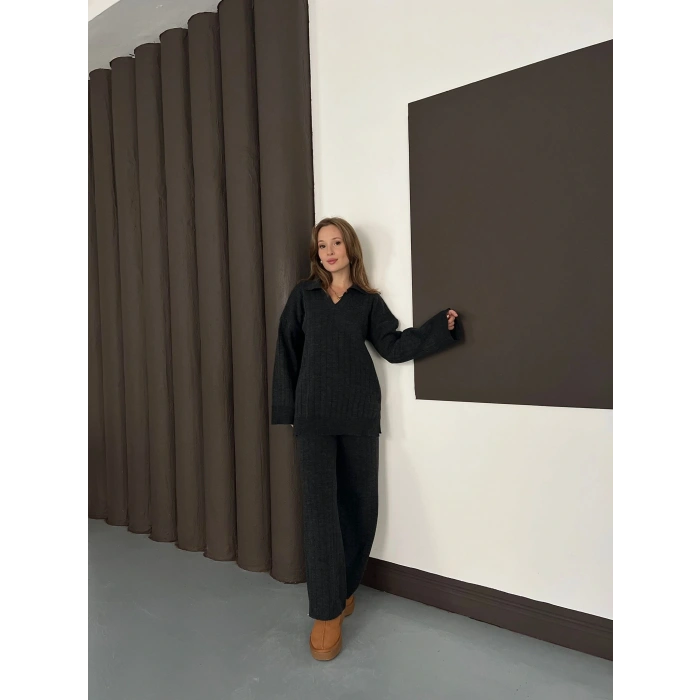 Polo Yaka Triko Pantolonlu Takım Siyah