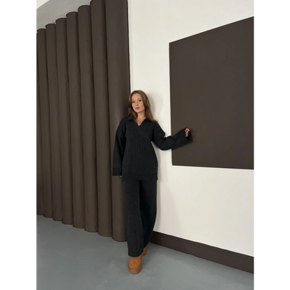 Polo Yaka Triko Pantolonlu Takım Siyah