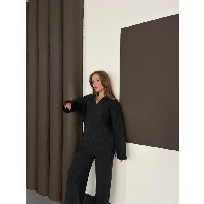 Polo Yaka Triko Pantolonlu Takım Siyah