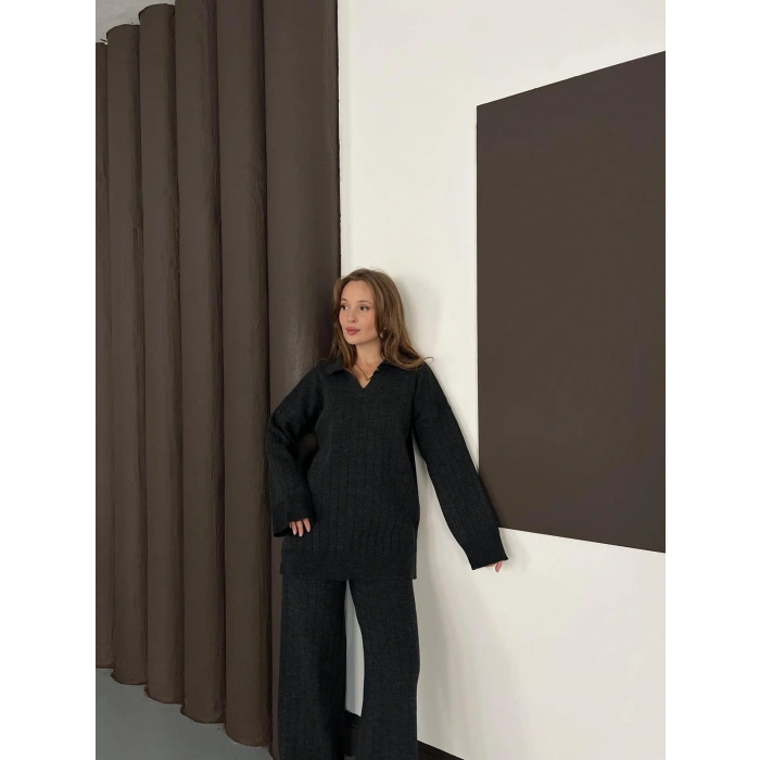 Polo Yaka Triko Pantolonlu Takım Siyah