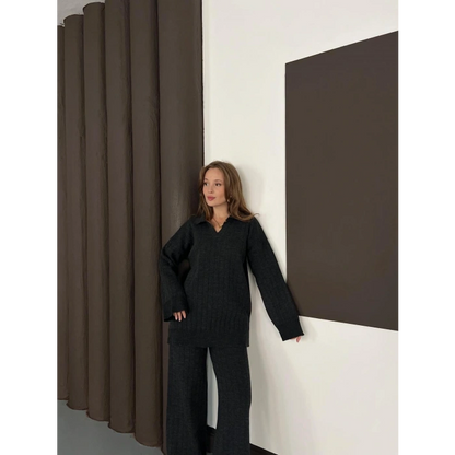 Polo Yaka Triko Pantolonlu Takım Siyah