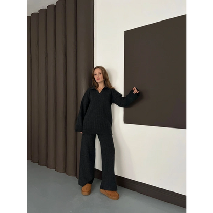 Polo Yaka Triko Pantolonlu Takım Siyah