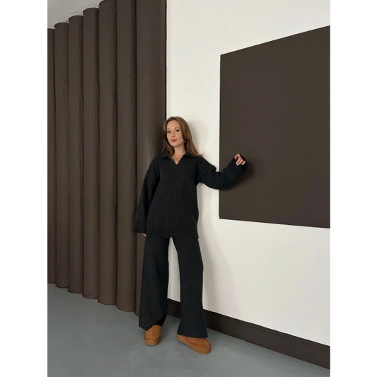 Polo Yaka Triko Pantolonlu Takım Siyah