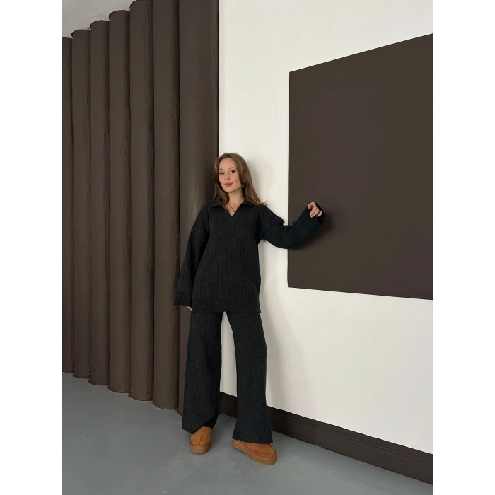 Polo Yaka Triko Pantolonlu Takım Antrasit