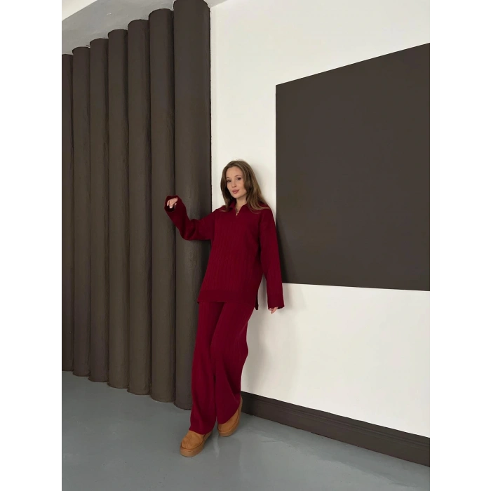 Polo Yaka Triko Pantolonlu Takım Bordo