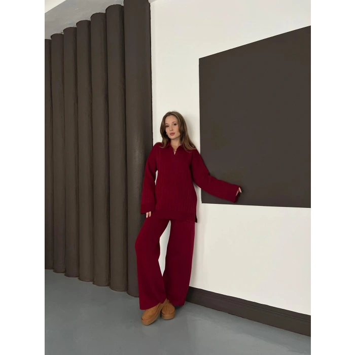 Polo Yaka Triko Pantolonlu Takım Bordo