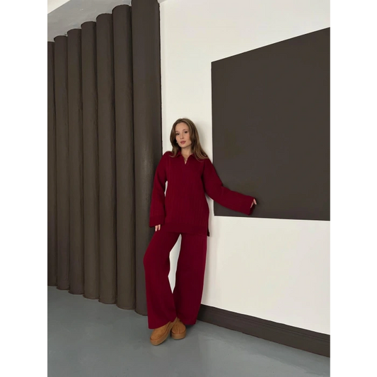 Polo Yaka Triko Pantolonlu Takım Bordo