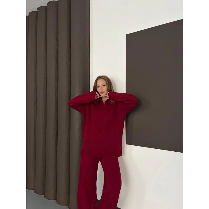 Polo Yaka Triko Pantolonlu Takım Bordo