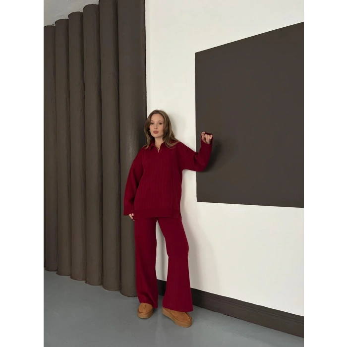 Polo Yaka Triko Pantolonlu Takım Bordo