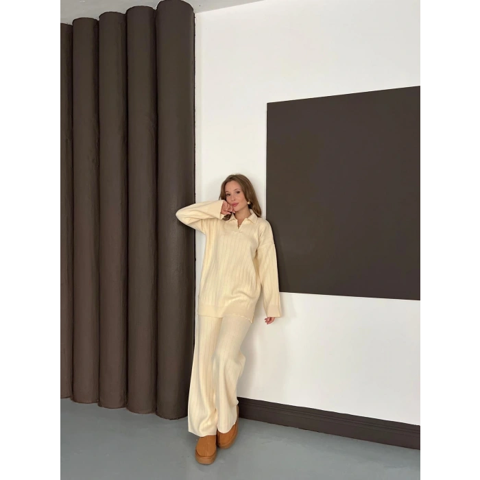 Polo Yaka Triko Pantolonlu Takım Ekru