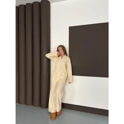 Polo Yaka Triko Pantolonlu Takım Ekru