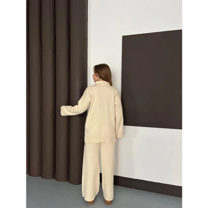 Polo Yaka Triko Pantolonlu Takım Ekru