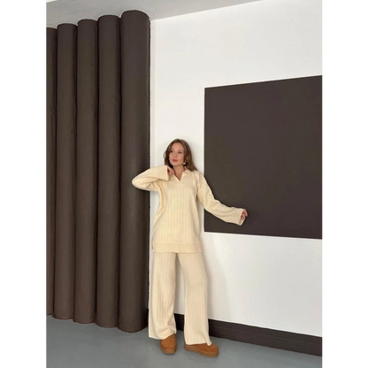 Polo Yaka Triko Pantolonlu Takım Ekru