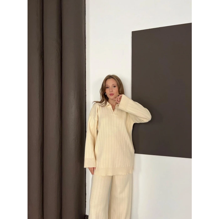 Polo Yaka Triko Pantolonlu Takım Ekru