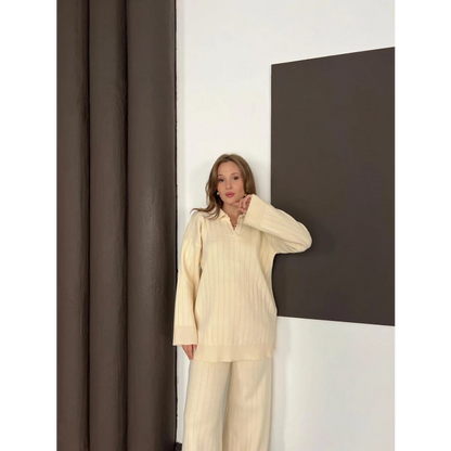 Polo Yaka Triko Pantolonlu Takım Ekru