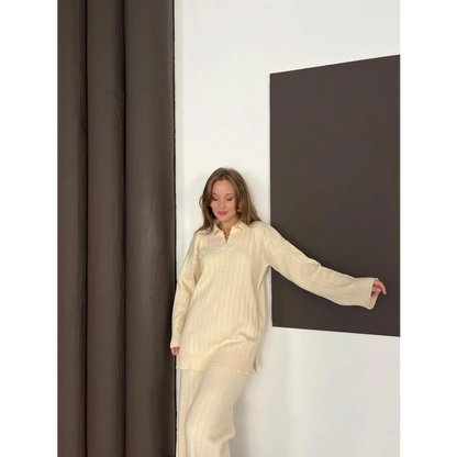 Polo Yaka Triko Pantolonlu Takım Ekru