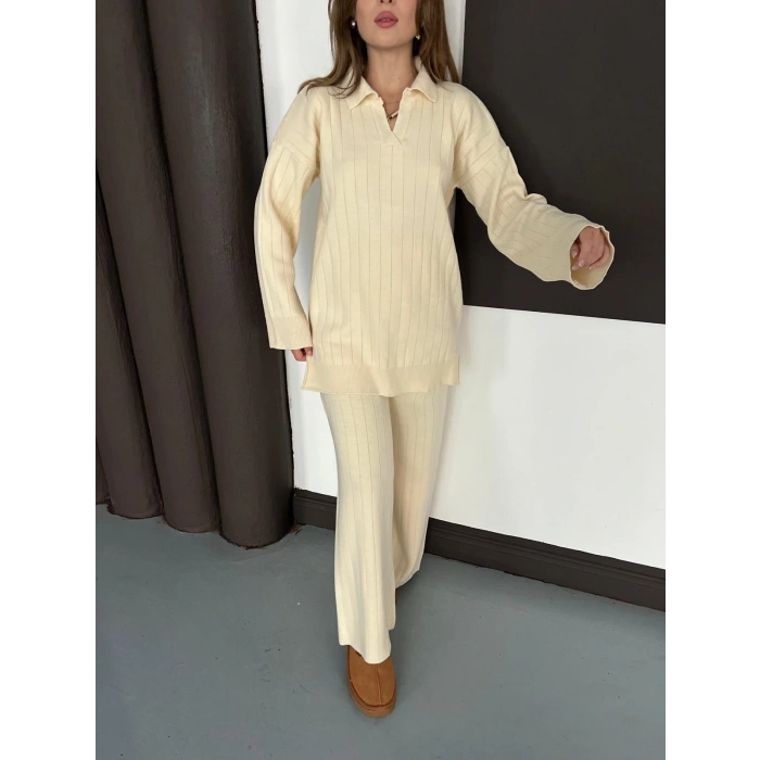 Polo Yaka Triko Pantolonlu Takım Ekru