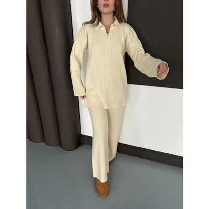 Polo Yaka Triko Pantolonlu Takım Ekru