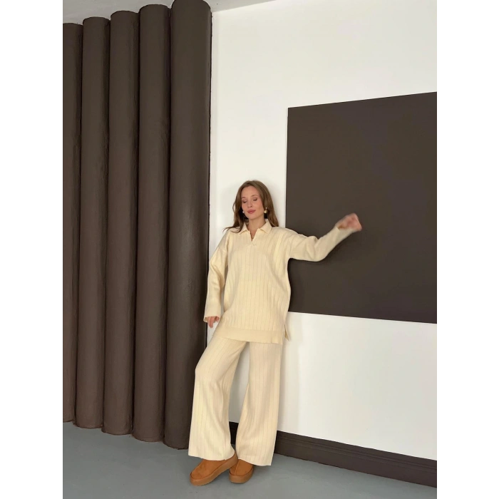 Polo Yaka Triko Pantolonlu Takım Ekru