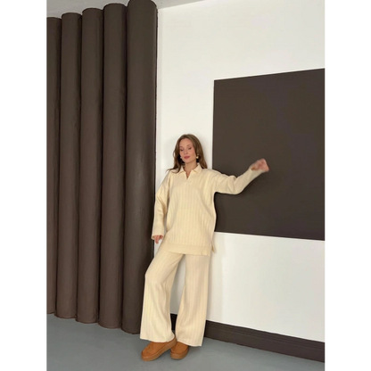 Polo Yaka Triko Pantolonlu Takım Ekru