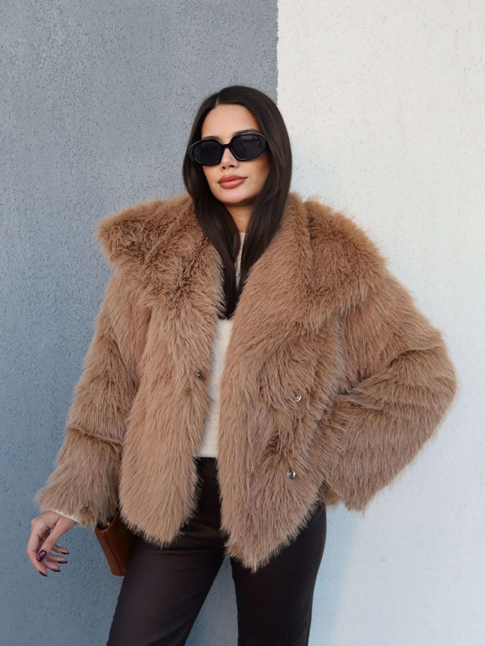 Şal Yaka Çıtçıtlı Suni Kürk Cappuccino