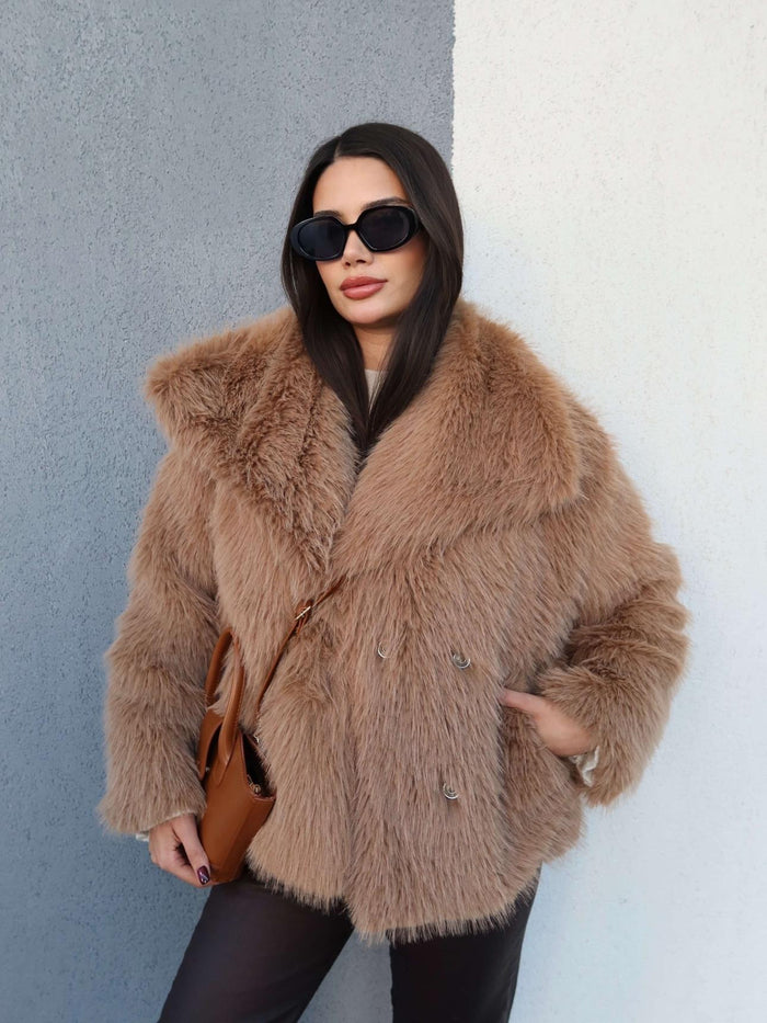 Şal Yaka Çıtçıtlı Suni Kürk Cappuccino