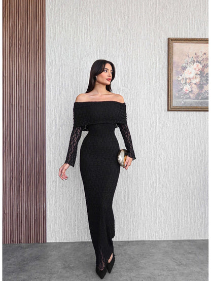 Açık Omuz Güpür Desenli Uzun Elbise