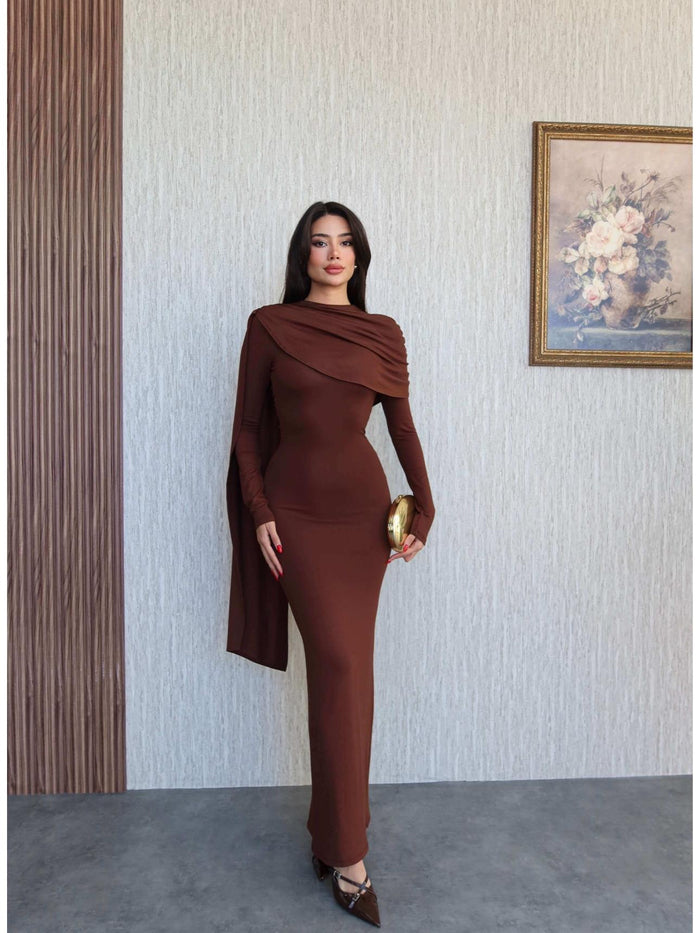 Şal Yaka Omuz Büzgülü Elbise