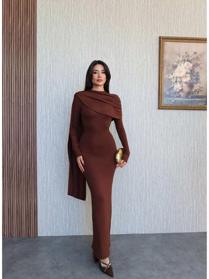 Şal Yaka Omuz Büzgülü Elbise