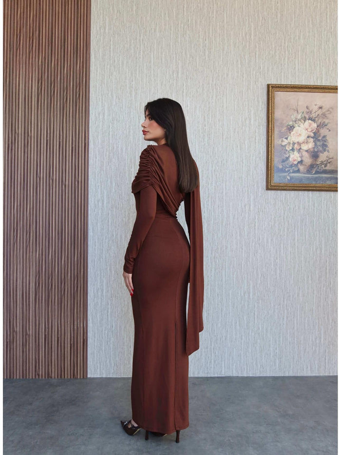 Şal Yaka Omuz Büzgülü Elbise