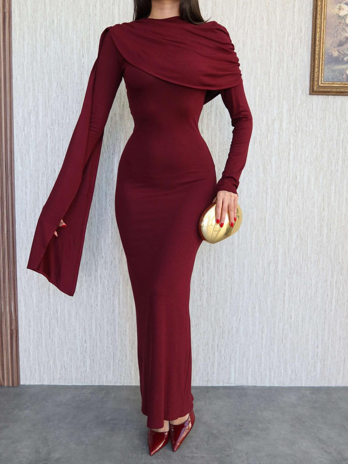 Şal Yaka Omuz Büzgülü Elbise