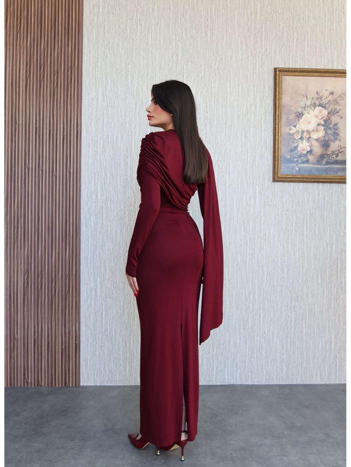 Şal Yaka Omuz Büzgülü Elbise