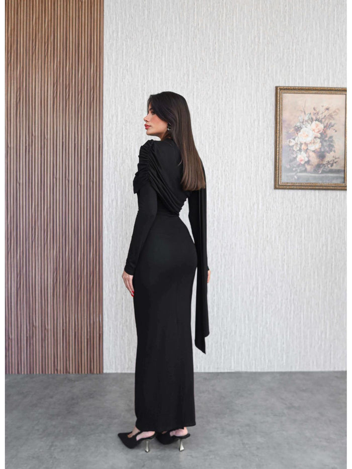 Şal Yaka Omuz Büzgülü Elbise